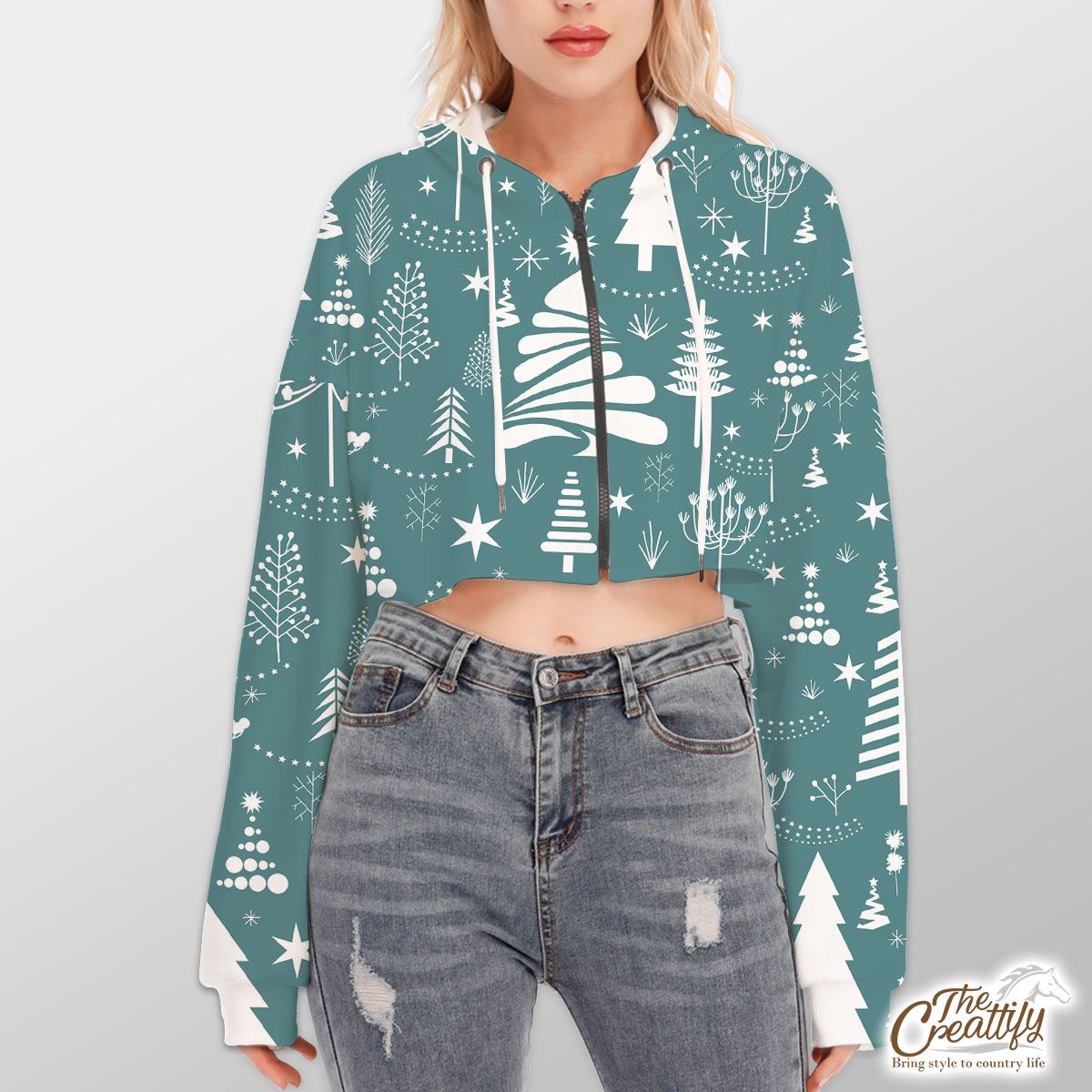 White And Blue Pine Tree Silhouette Pattern Hoodie With Zipper Closure