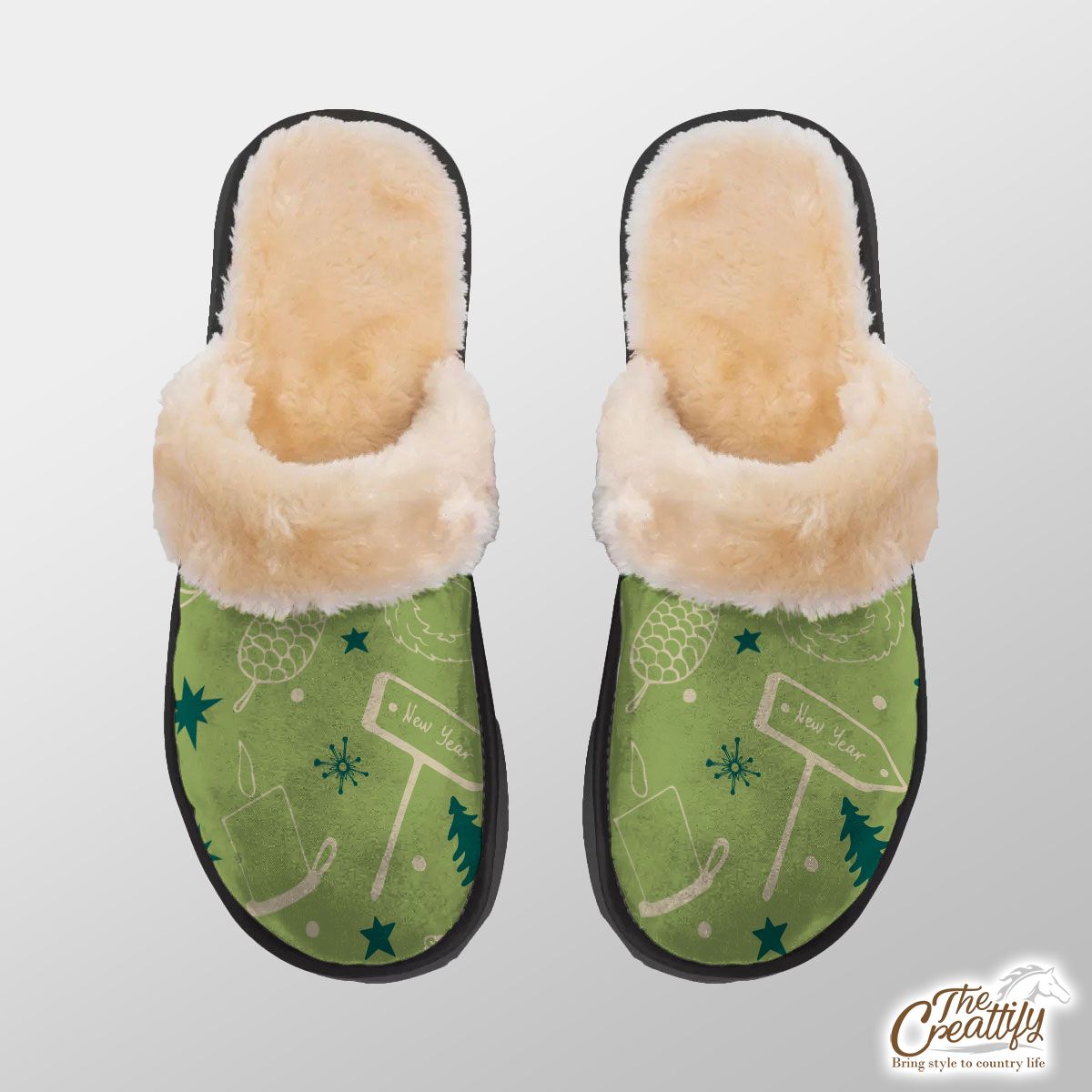 Christmas Balls, Pine Tree Silhouette On The Snowflake Background Home Plush Slippers