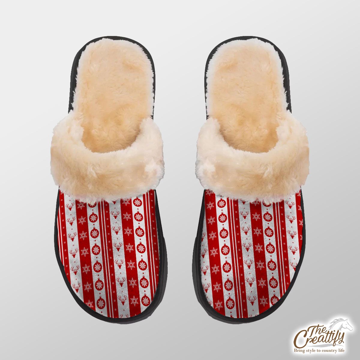 Christmas Balls, Reindeer, Snowflake Clipart Red And White Stripe Pattern Home Plush Slippers