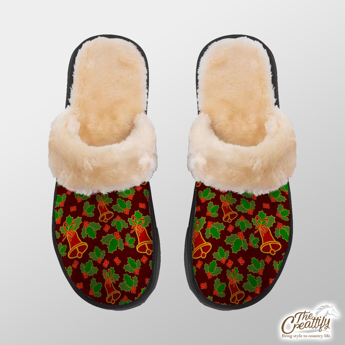 Christmas Bells And Holly Left On The Red Background Home Plush Slippers