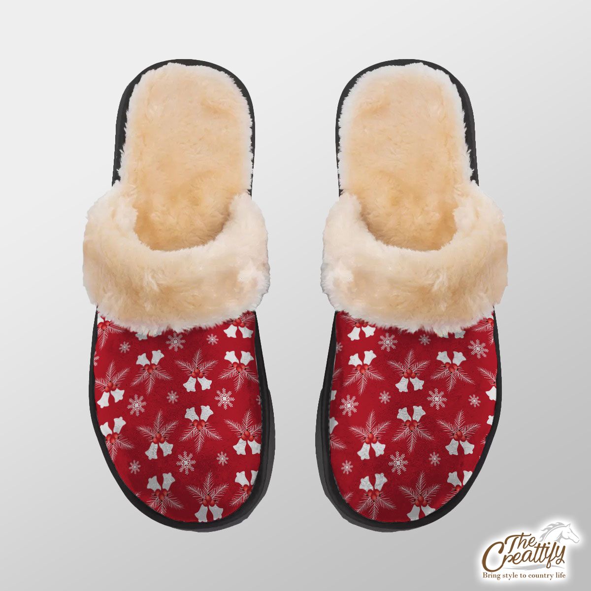 Christmas Bells With Cranberries On The Snowflake Red Background Home Plush Slippers