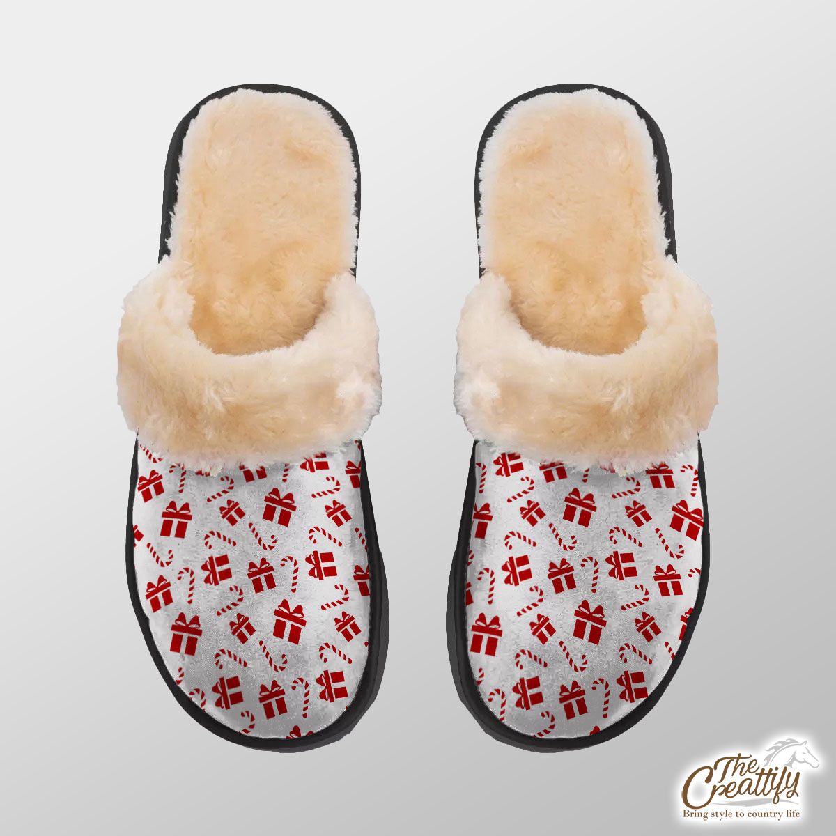 Christmas Gifts And Candy Canes Seamless White Pattern Home Plush Slippers