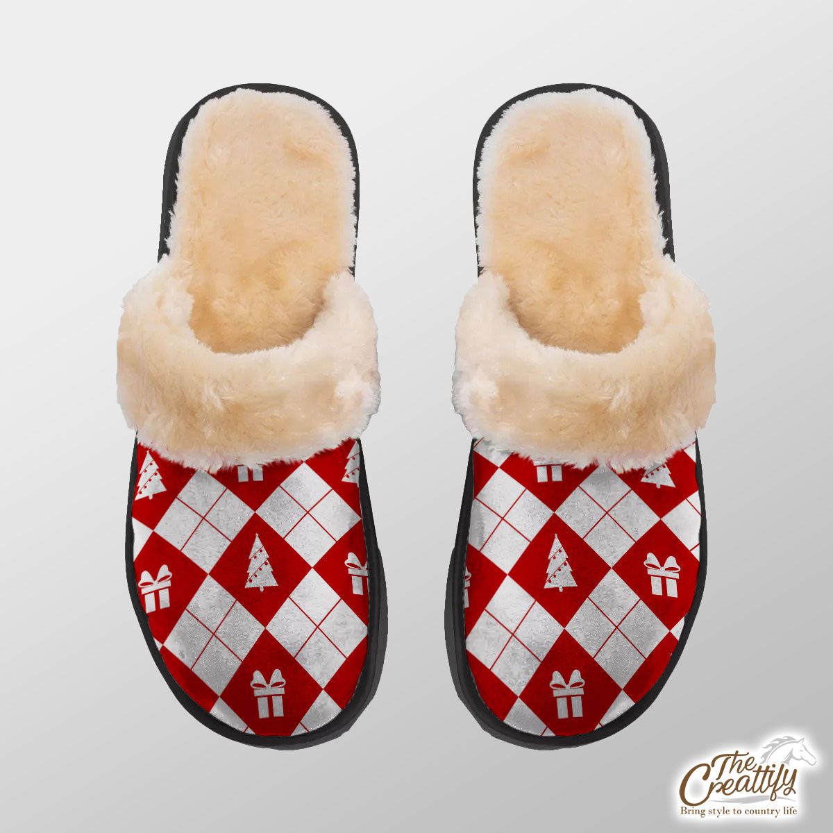 Christmas Gifts And Pine Tree Decorated With Lights On Red And White Background Home Plush Slippers