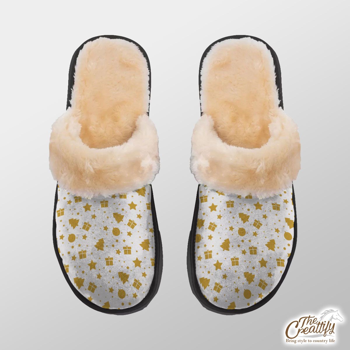 Christmas Gifts, Baudles And Pine Tree Silhouette Filled In Gold Color Pattern Home Plush Slippers