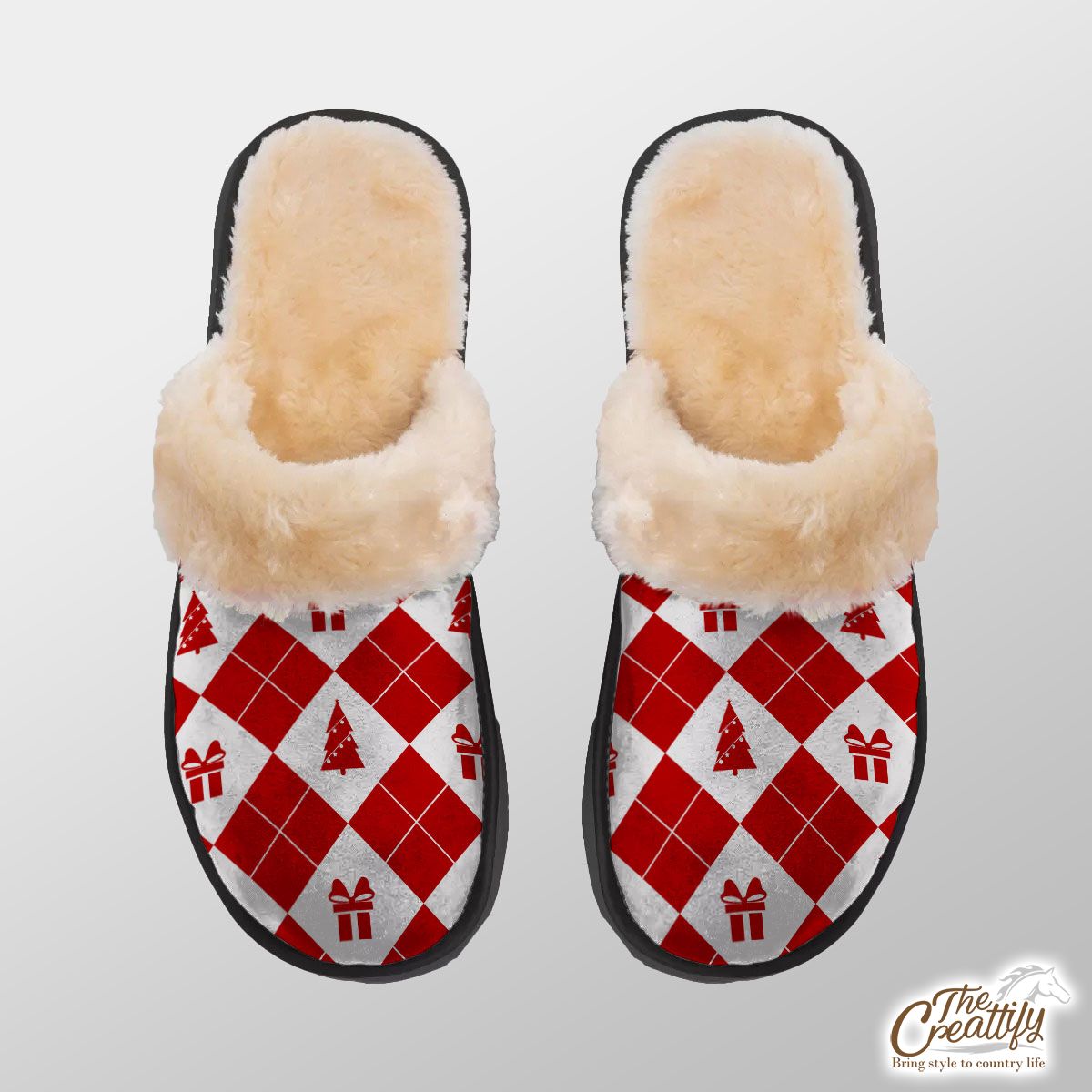Christmas Gifts, Pine Tree Red And White Checkerboard Seamless Pattern Home Plush Slippers
