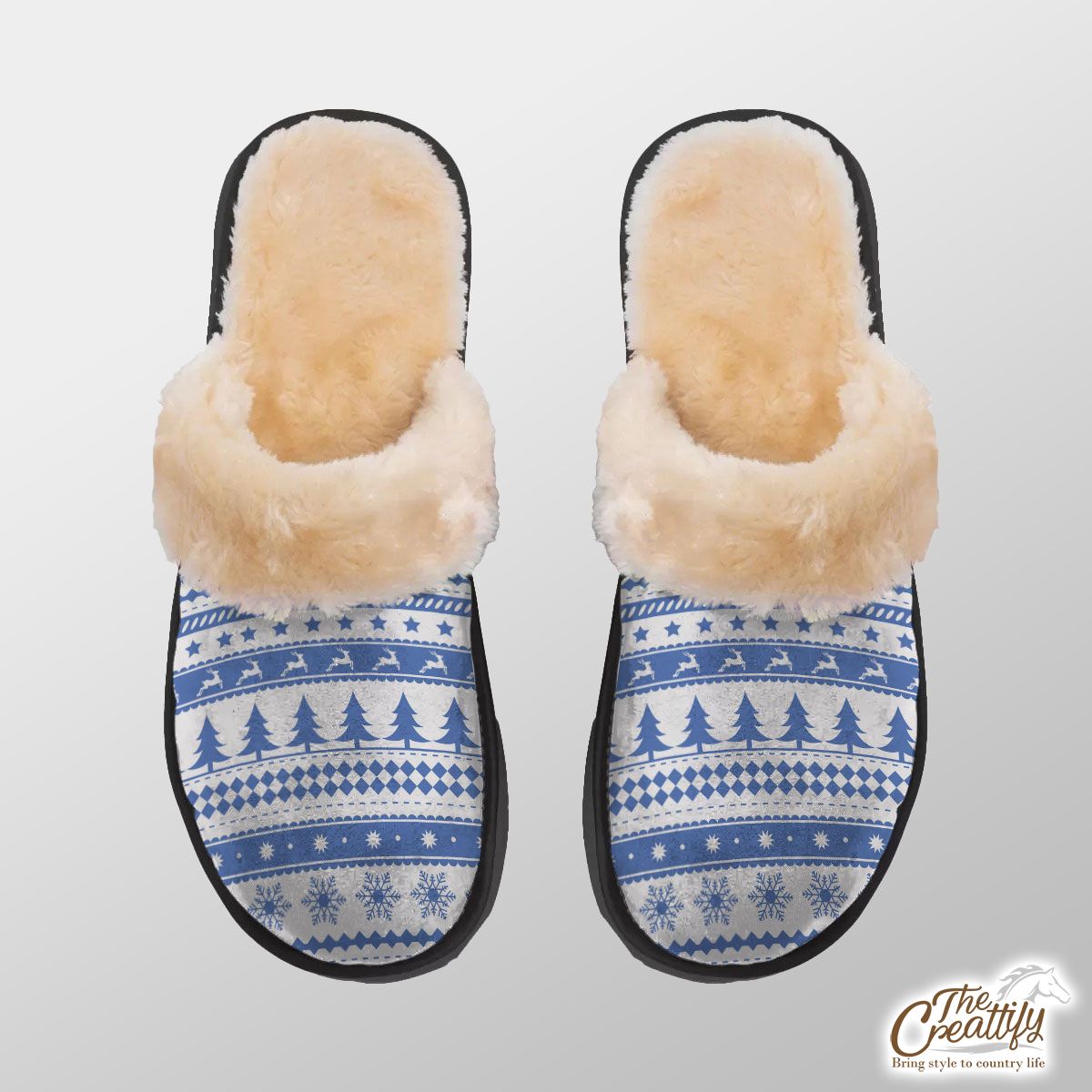 Christmas Pine Tree Silhouette, Reindeer And Snowflake Seamless Blue Pattern Home Plush Slippers