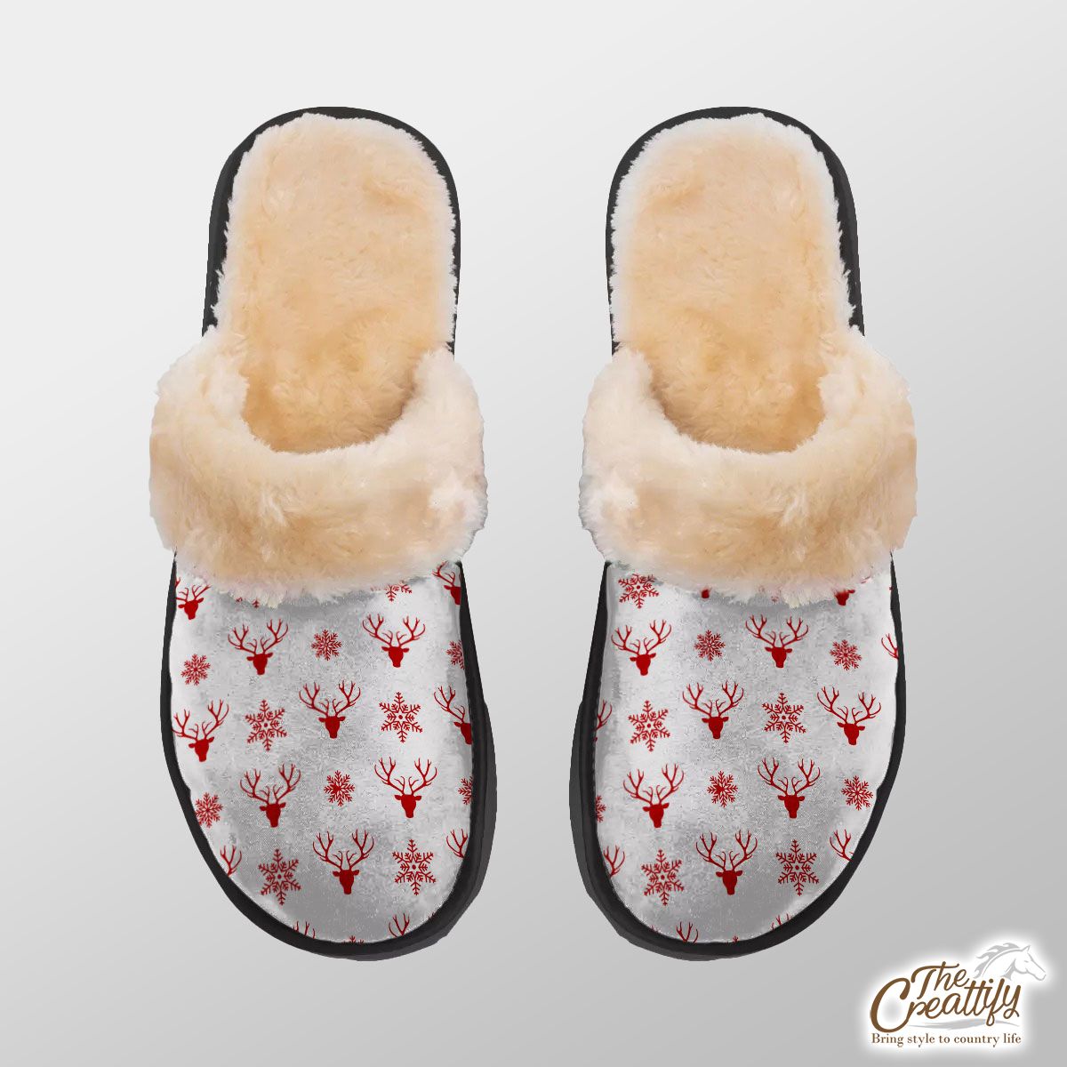 Christmas Reindeer And Snowflake Clipart Seamless White Pattern Home Plush Slippers
