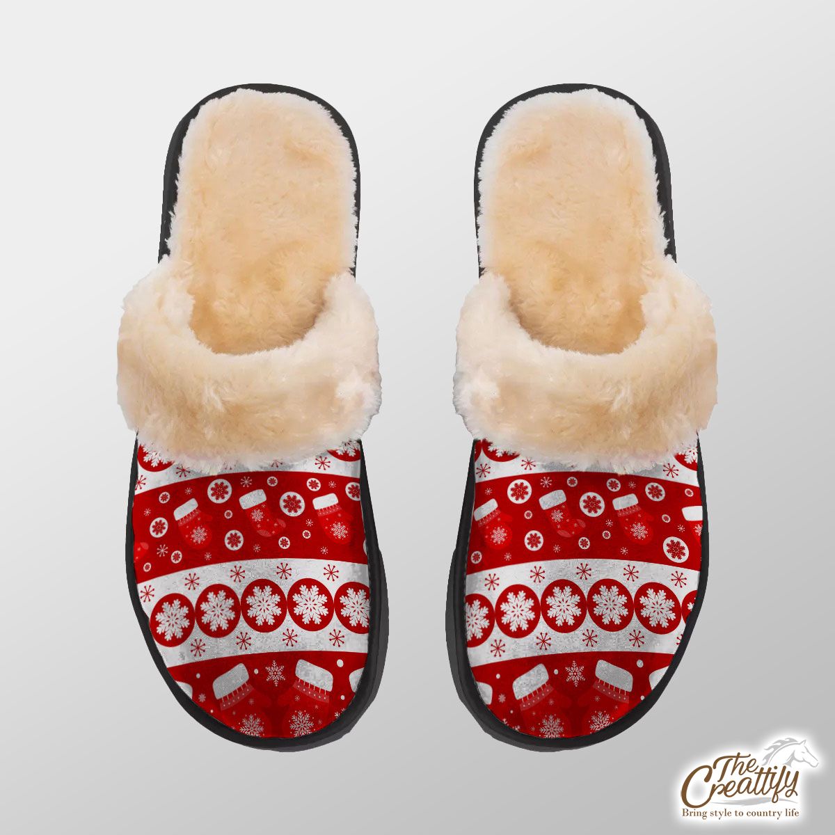 Christmas Wool Gloves, Red Socks And Snowflake Red Pattern Home Plush Slippers