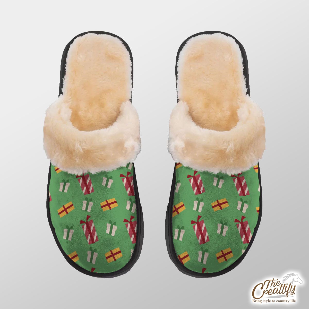 Colorful Christmas Gifts Seamless Green Pattern Home Plush Slippers