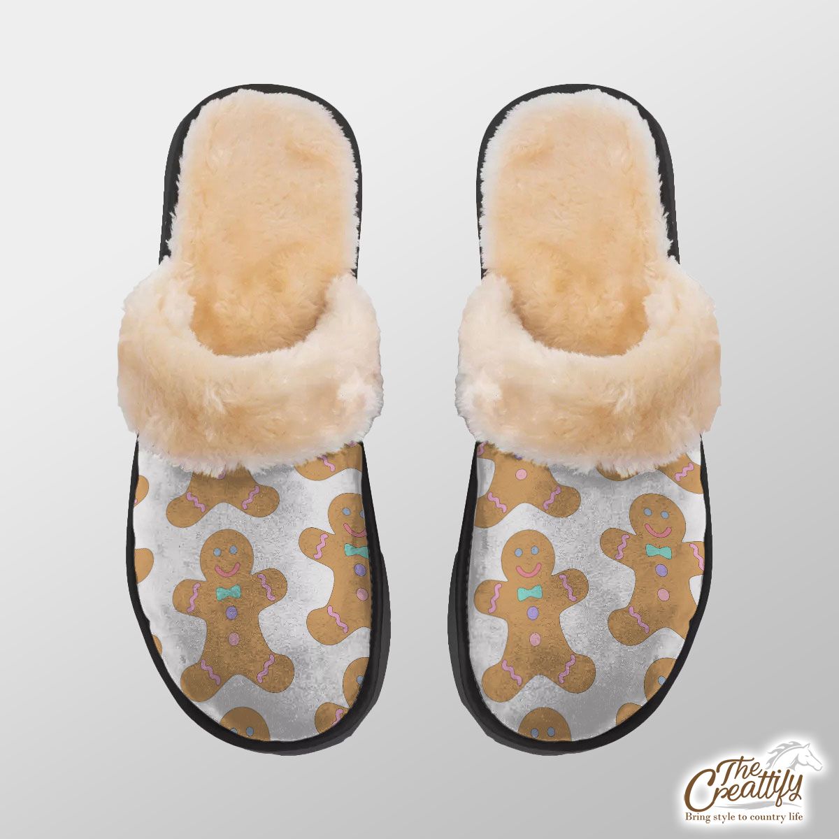 Cute Gingerbread Man Cookies Seamless Pattern Home Plush Slippers