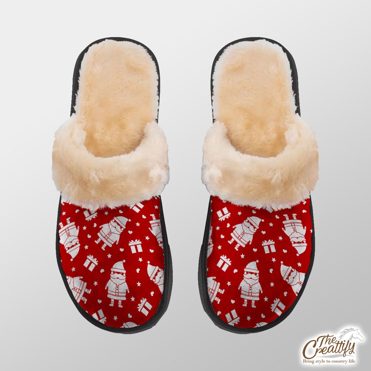 Cute Santa Claus With Christmas Gifts On The Red Background Home Plush Slippers