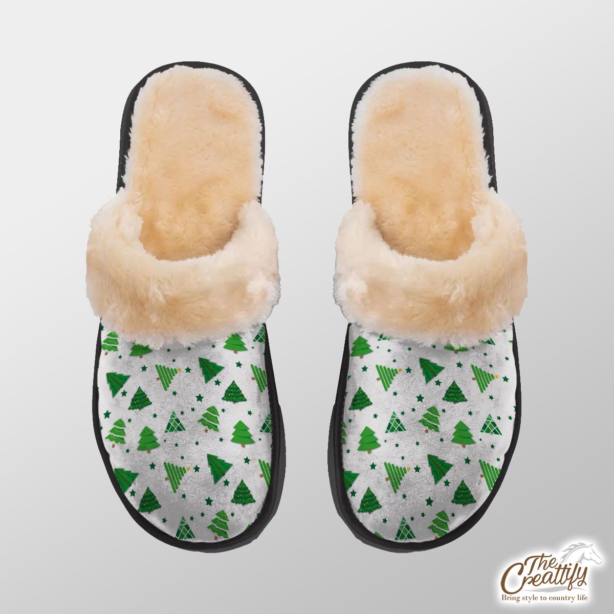 Green And White Pine Tree Seamless Pattern Home Plush Slippers