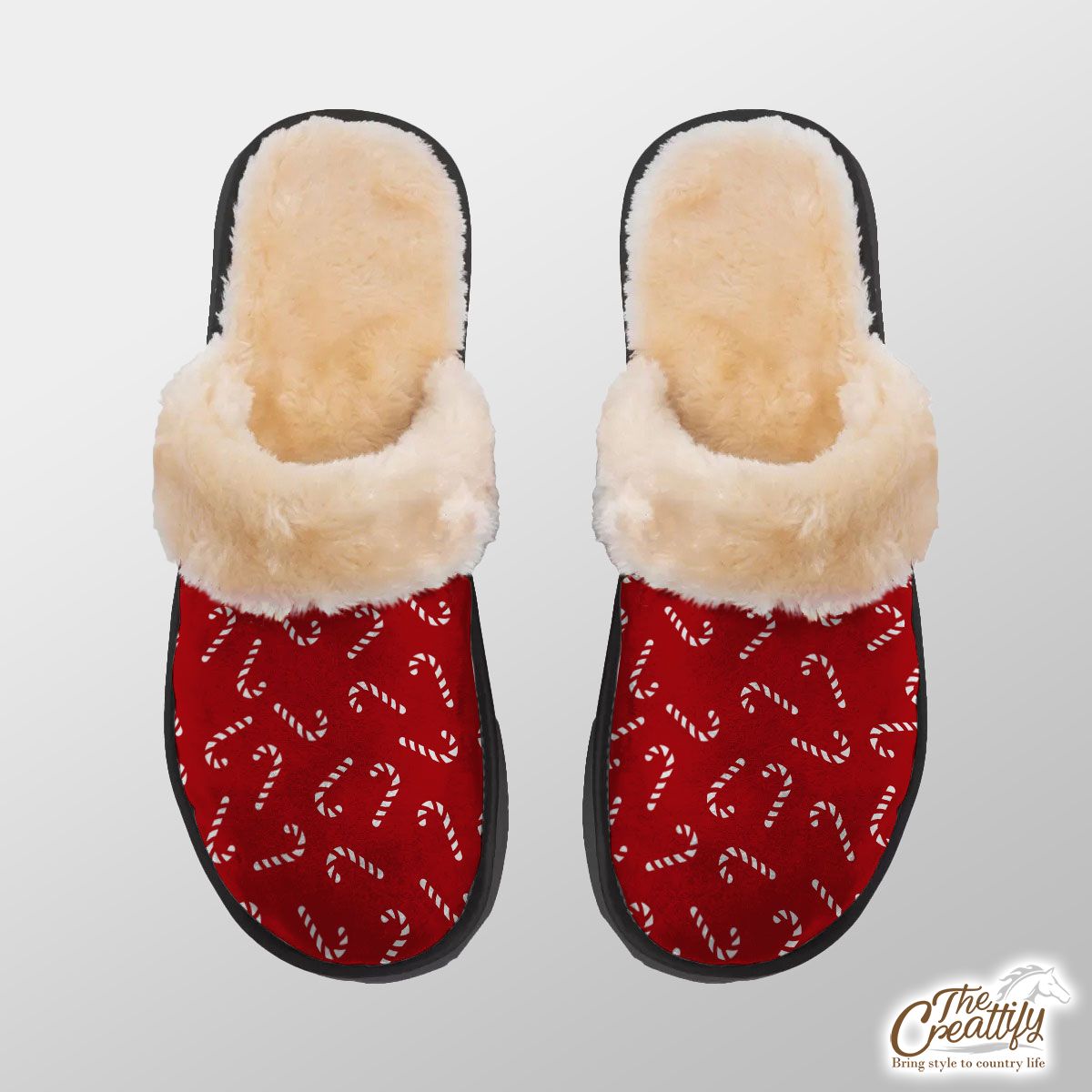 Happy Christmas With Candy Canes Seamless Red Pattern Home Plush Slippers