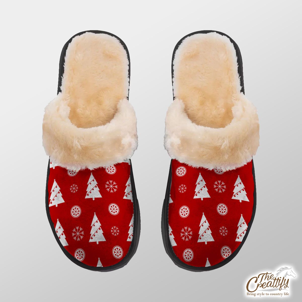 Pine Tree Decorated With Christmas Light And Snowflake Seamless Red Pattern Home Plush Slippers