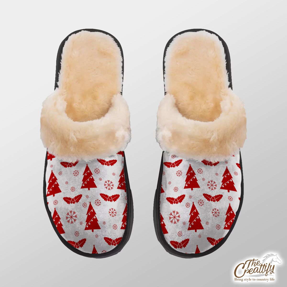 Pine Tree With Christmas Light And Holly Left On The Snowflake Background Home Plush Slippers