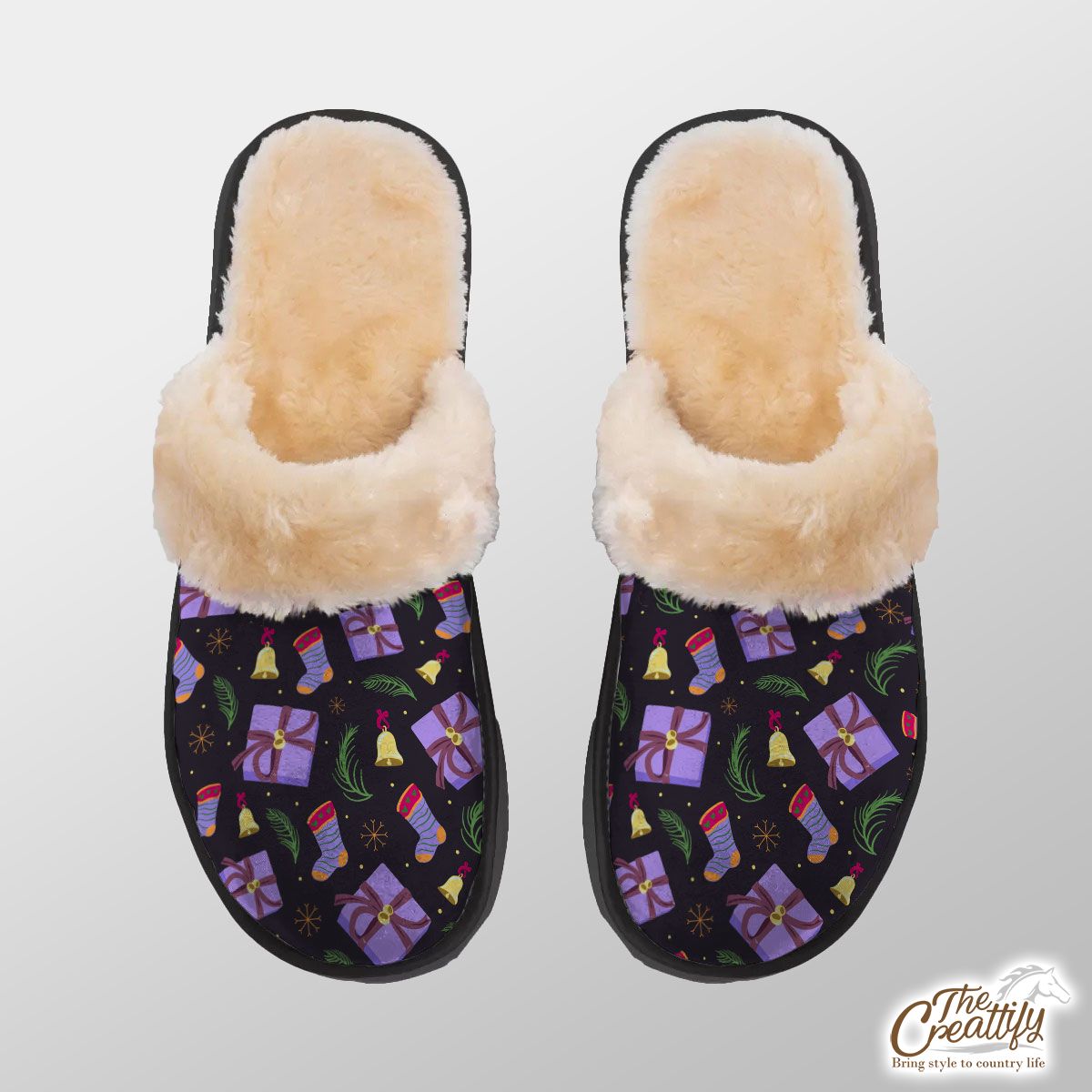 Purple Christmas Gifts And Socks With Bells On The Snowflake Dark Background Home Plush Slippers