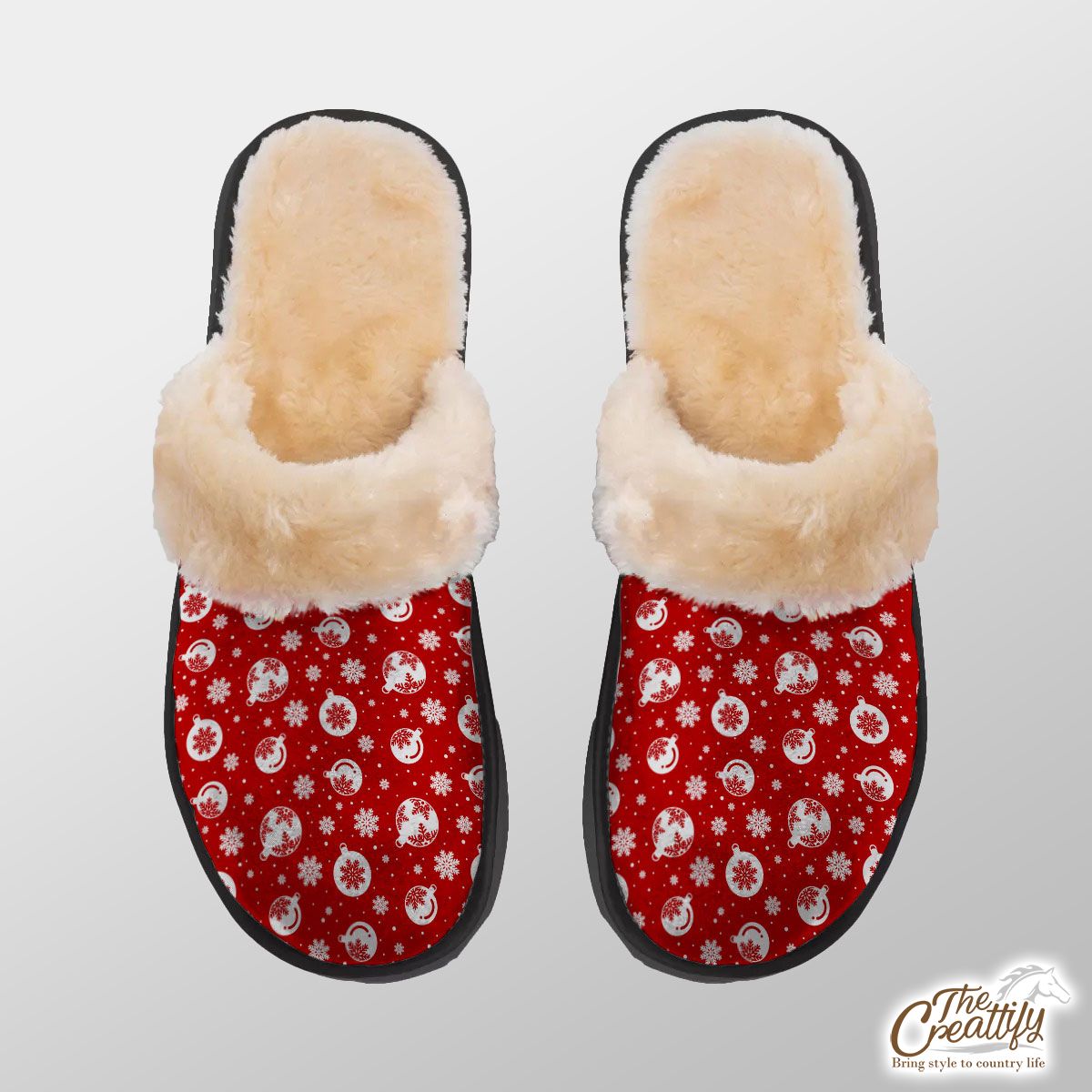 Red And White Christmas Balls On The Snowflake Background Home Plush Slippers
