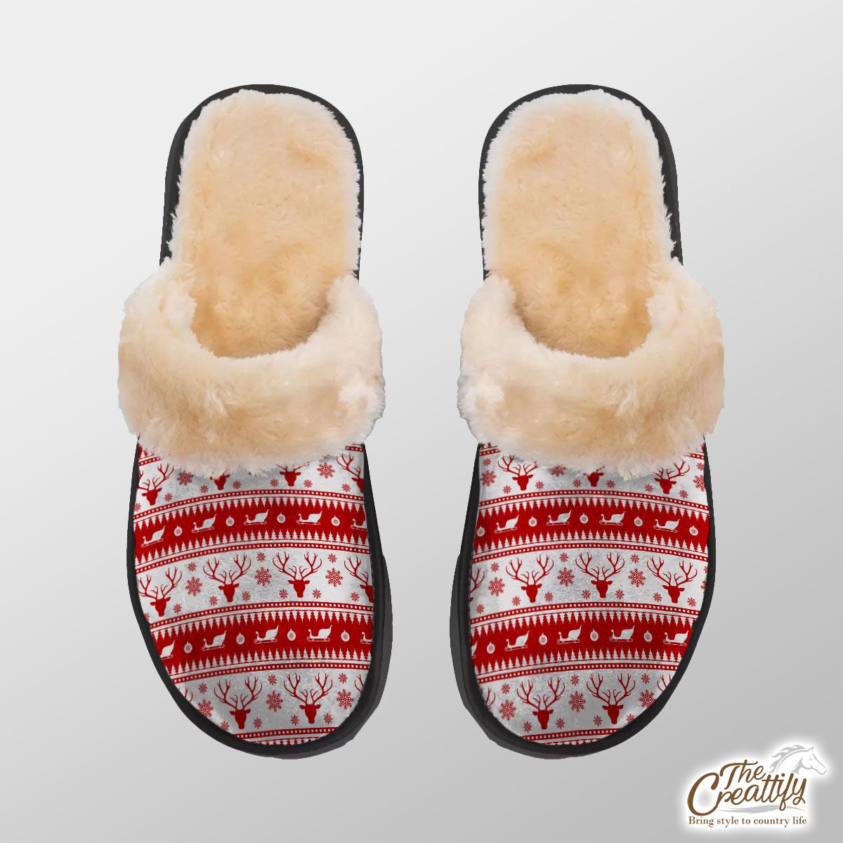 Red And White Reindeer, Santa Sleigh, Christmas Balls On The Snowflake Background Home Plush Slippers