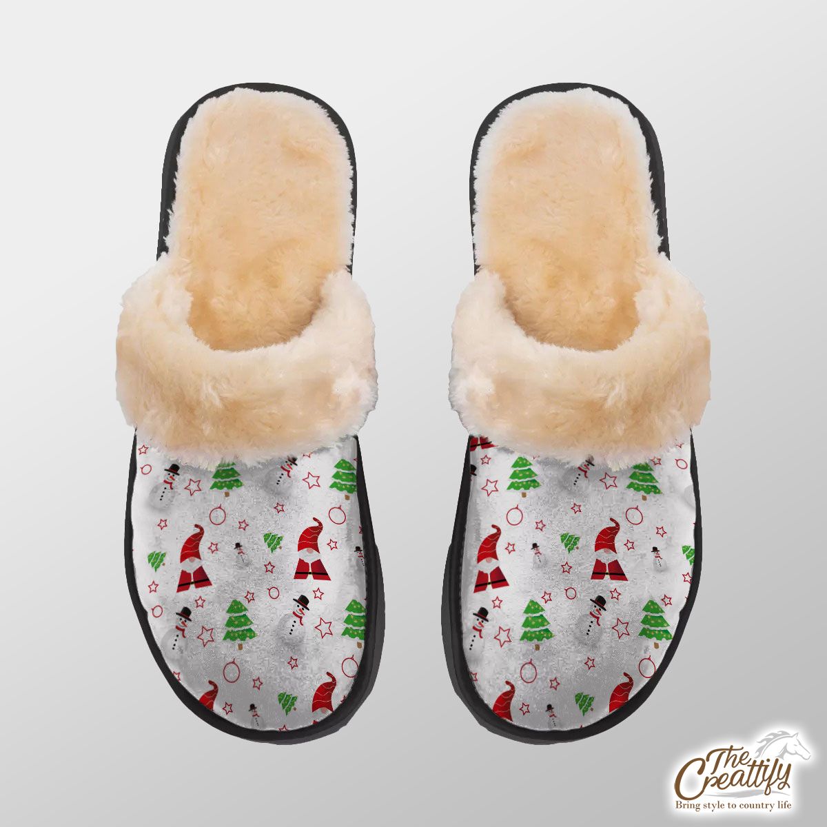Santa Claus, Snowman Clipart And Pine Tree Silhouette Seamless Pattern Home Plush Slippers