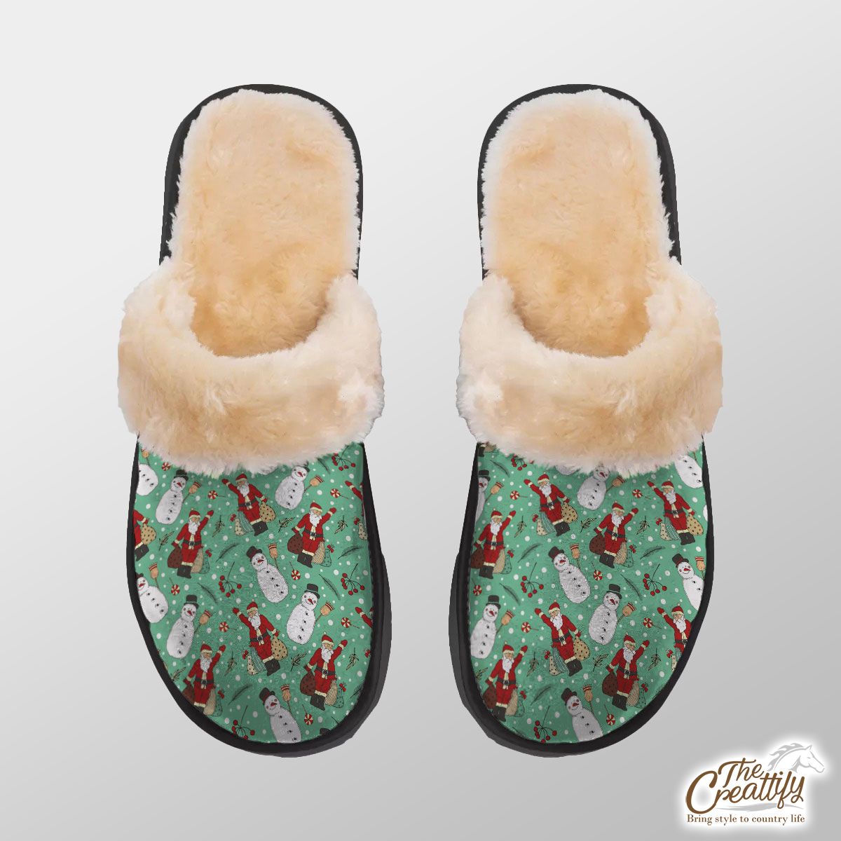 Santa Claus, Snowman Clipart Seamless Pattern Home Plush Slippers