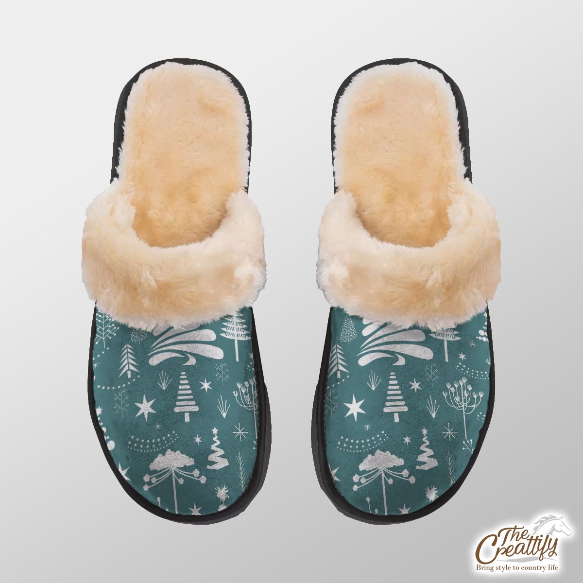 White And Blue Pine Tree Silhouette Pattern Home Plush Slippers
