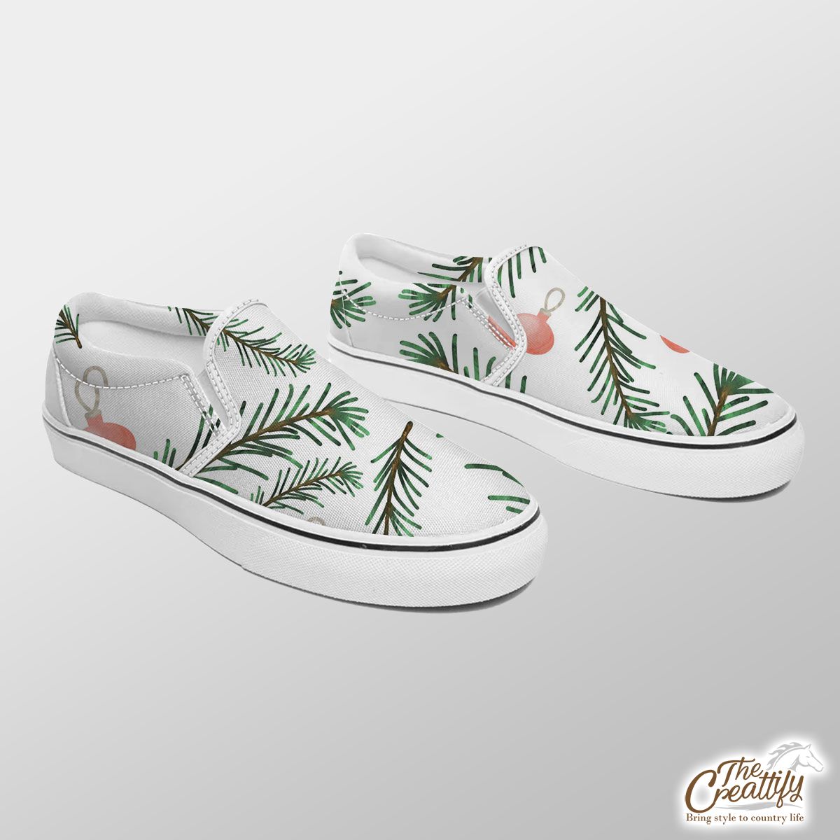 Christmas Balls, Christmas Tree Branches White Pattern Slip On Sneakers