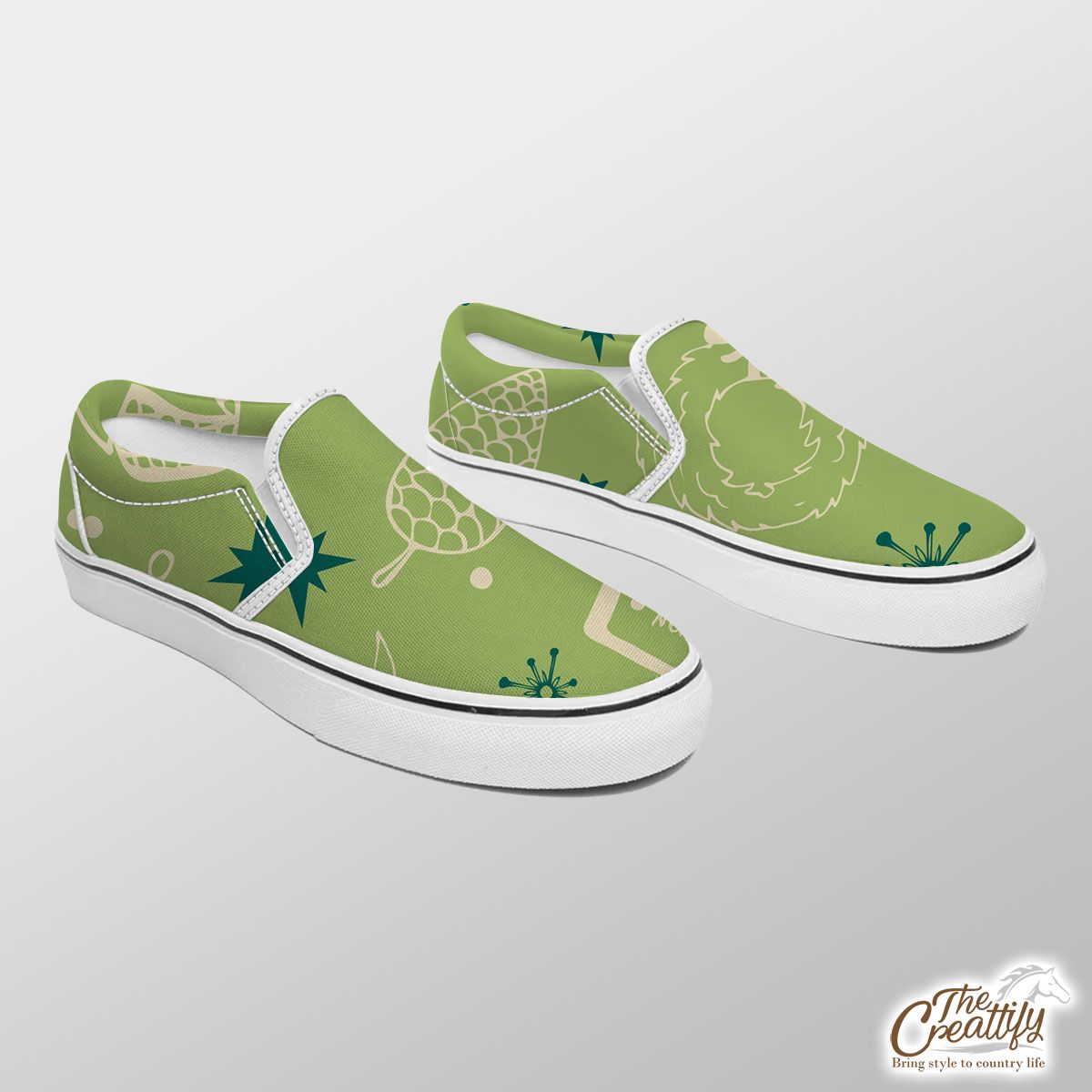 Christmas Balls, Pine Tree Silhouette On The Snowflake Background Slip On Sneakers
