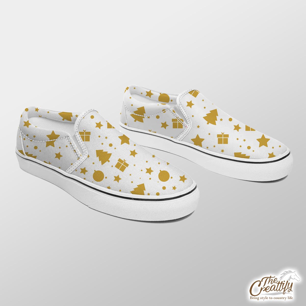Christmas Gifts, Baudles And Pine Tree Silhouette Filled In Gold Color Pattern Slip On Sneakers