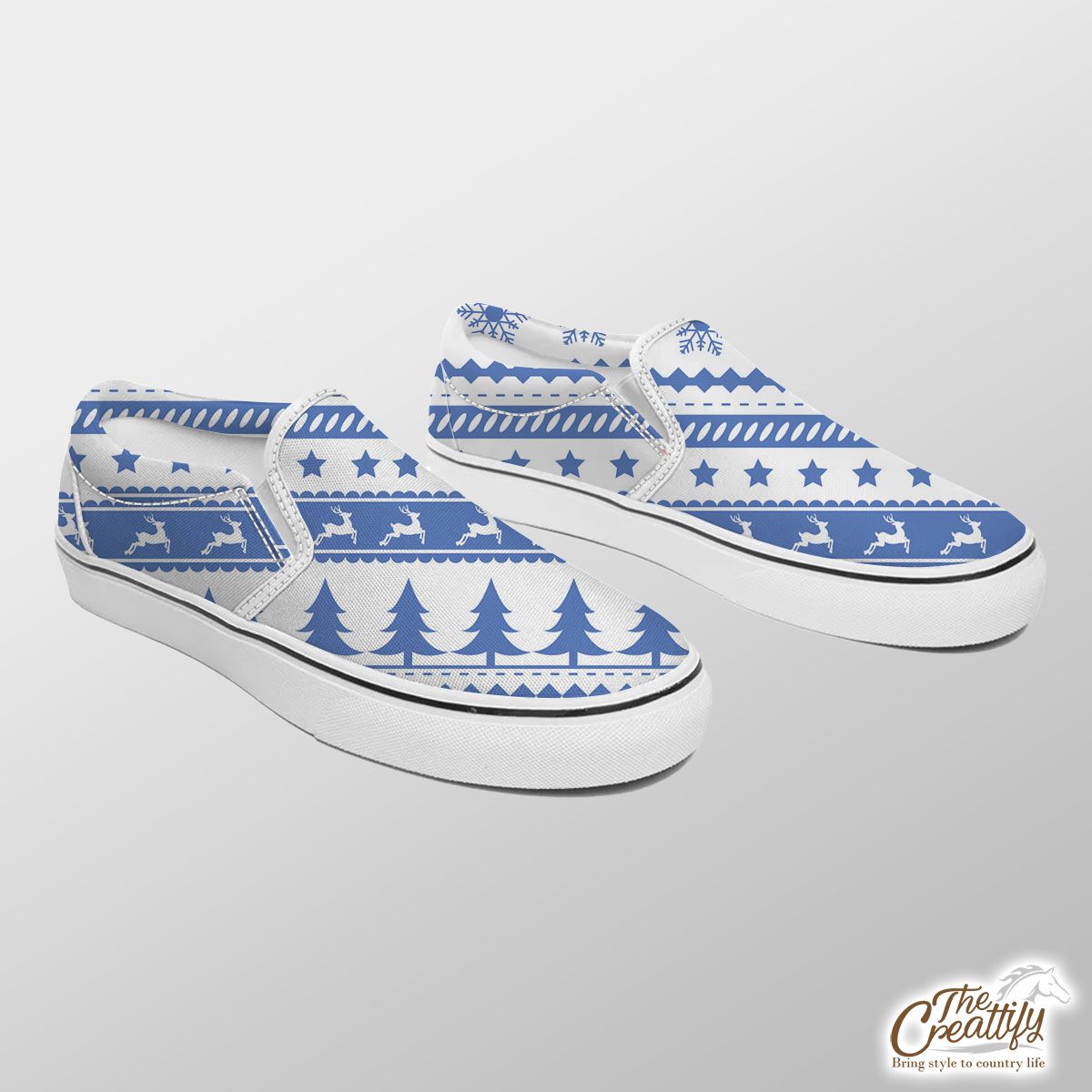 Christmas Pine Tree Silhouette, Reindeer And Snowflake Seamless Blue Pattern Slip On Sneakers