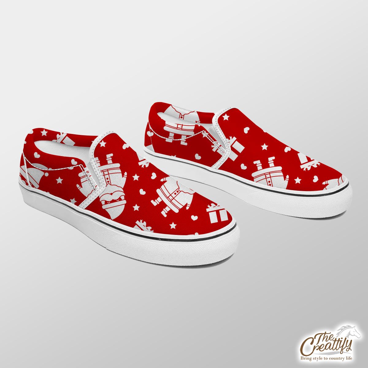 Cute Santa Claus With Christmas Gifts On The Red Background Slip On Sneakers