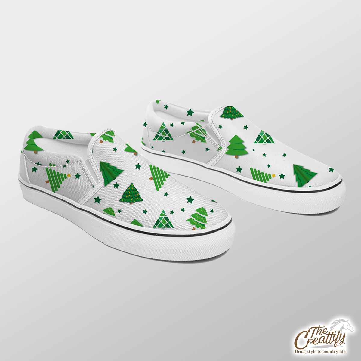 Green And White Pine Tree Seamless Pattern Slip On Sneakers