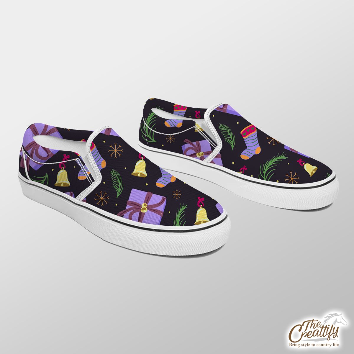 Purple Christmas Gifts And Socks With Bells On The Snowflake Dark Background Slip On Sneakers