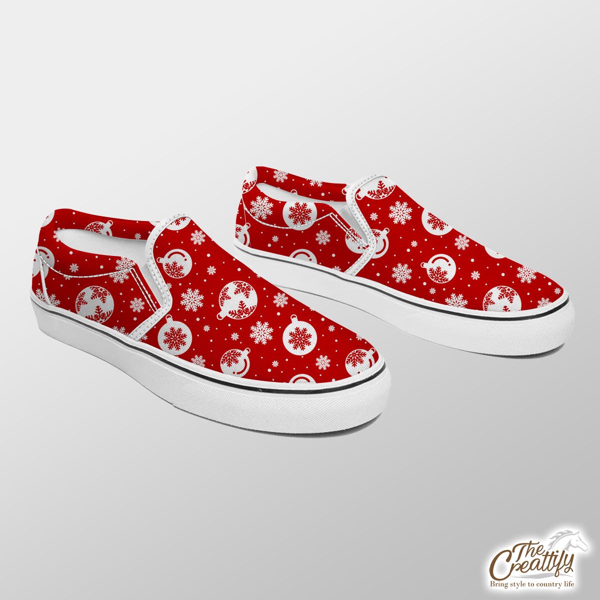 Red And White Christmas Balls On The Snowflake Background Slip On Sneakers