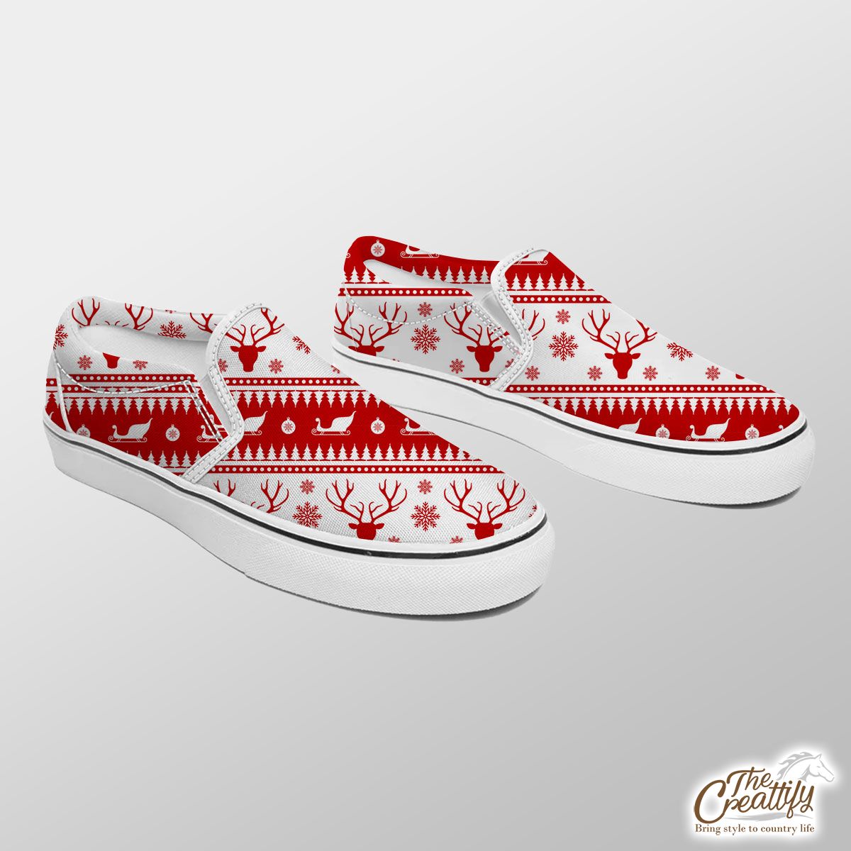 Red And White Reindeer, Santa Sleigh, Christmas Balls On The Snowflake Background Slip On Sneakers