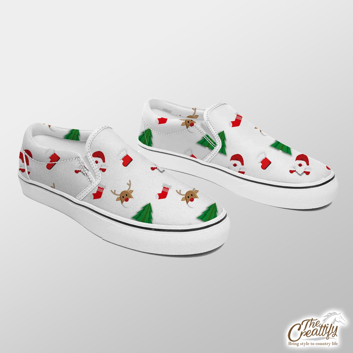Santa Claus, Pine Tree Silhouette, Christmas Reindeer And Red Socks Seamless Pattern Slip On Sneakers