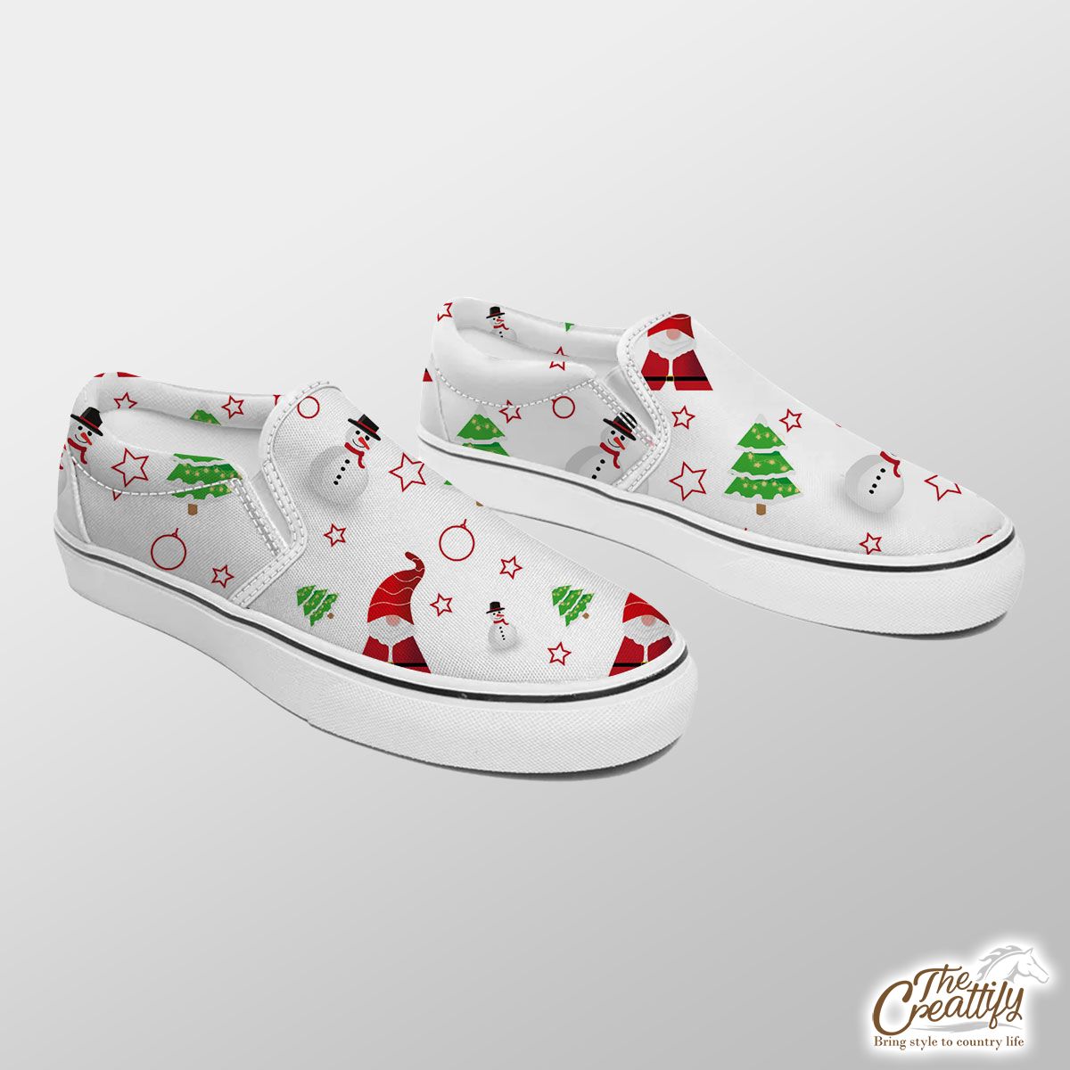 Santa Claus, Snowman Clipart And Pine Tree Silhouette Seamless Pattern Slip On Sneakers