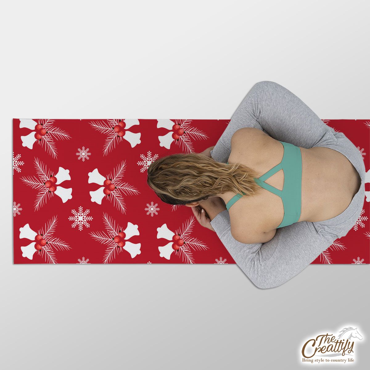 Christmas Bells With Cranberries On The Snowflake Red Background Yoga Mat