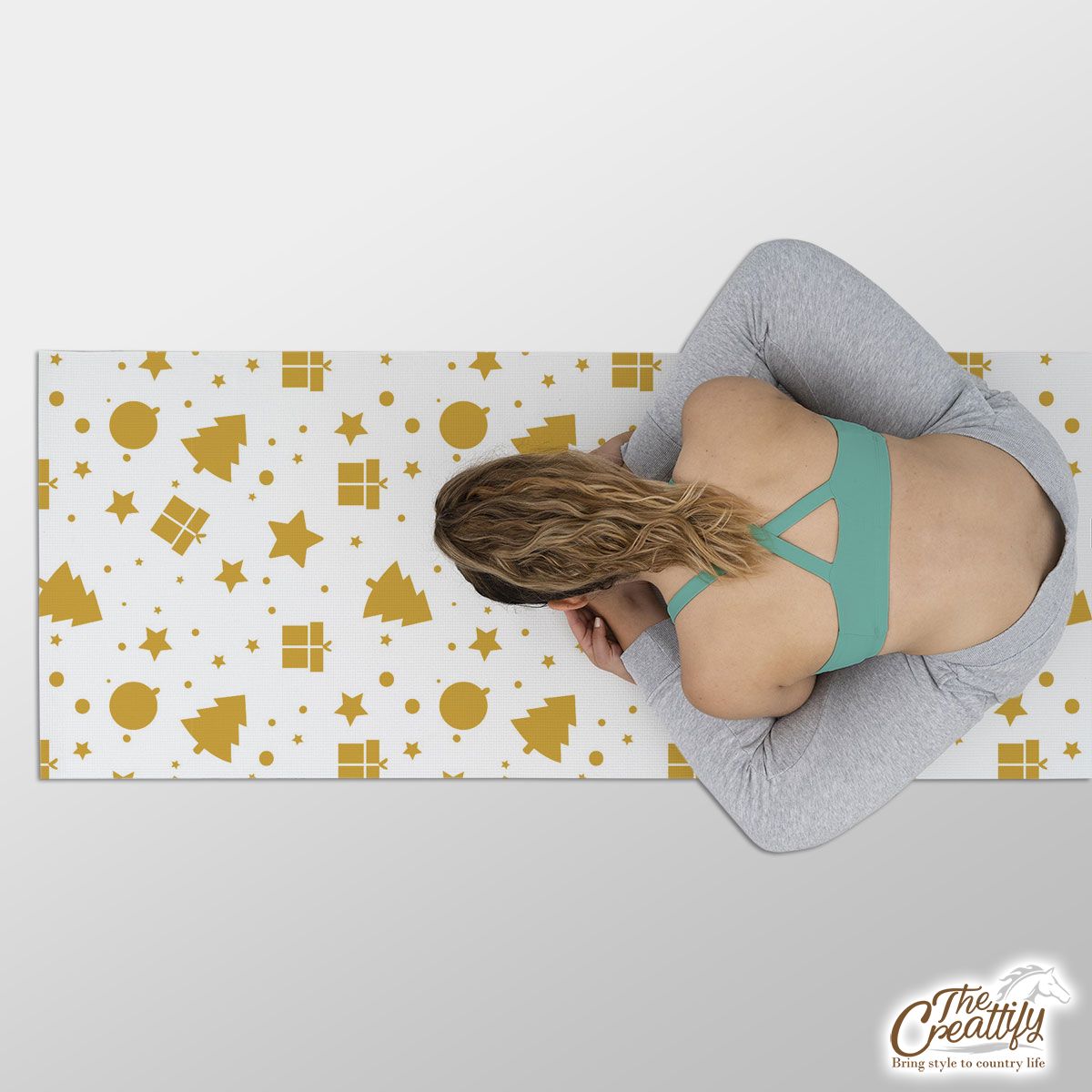 Christmas Gifts, Baudles And Pine Tree Silhouette Filled In Gold Color Pattern Yoga Mat
