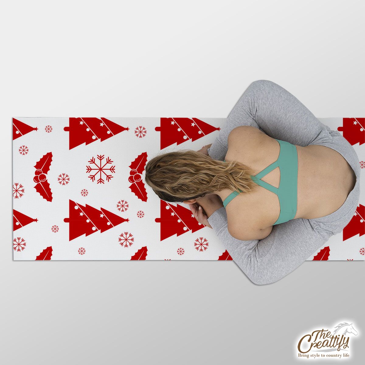 Pine Tree With Christmas Light And Holly Left On The Snowflake Background Yoga Mat