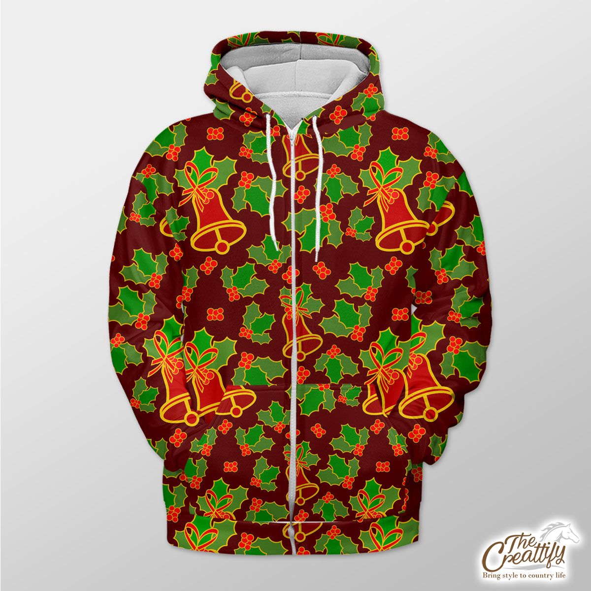 Christmas Bells And Holly Left On The Red Background Zip Hoodie