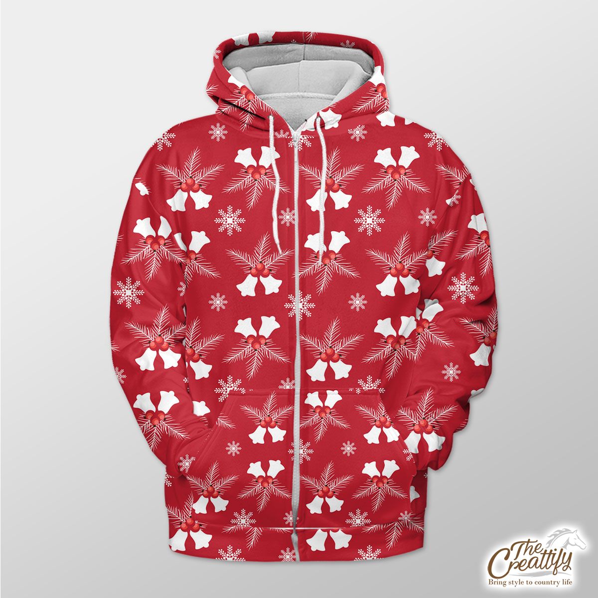 Christmas Bells With Cranberries On The Snowflake Red Background Zip Hoodie