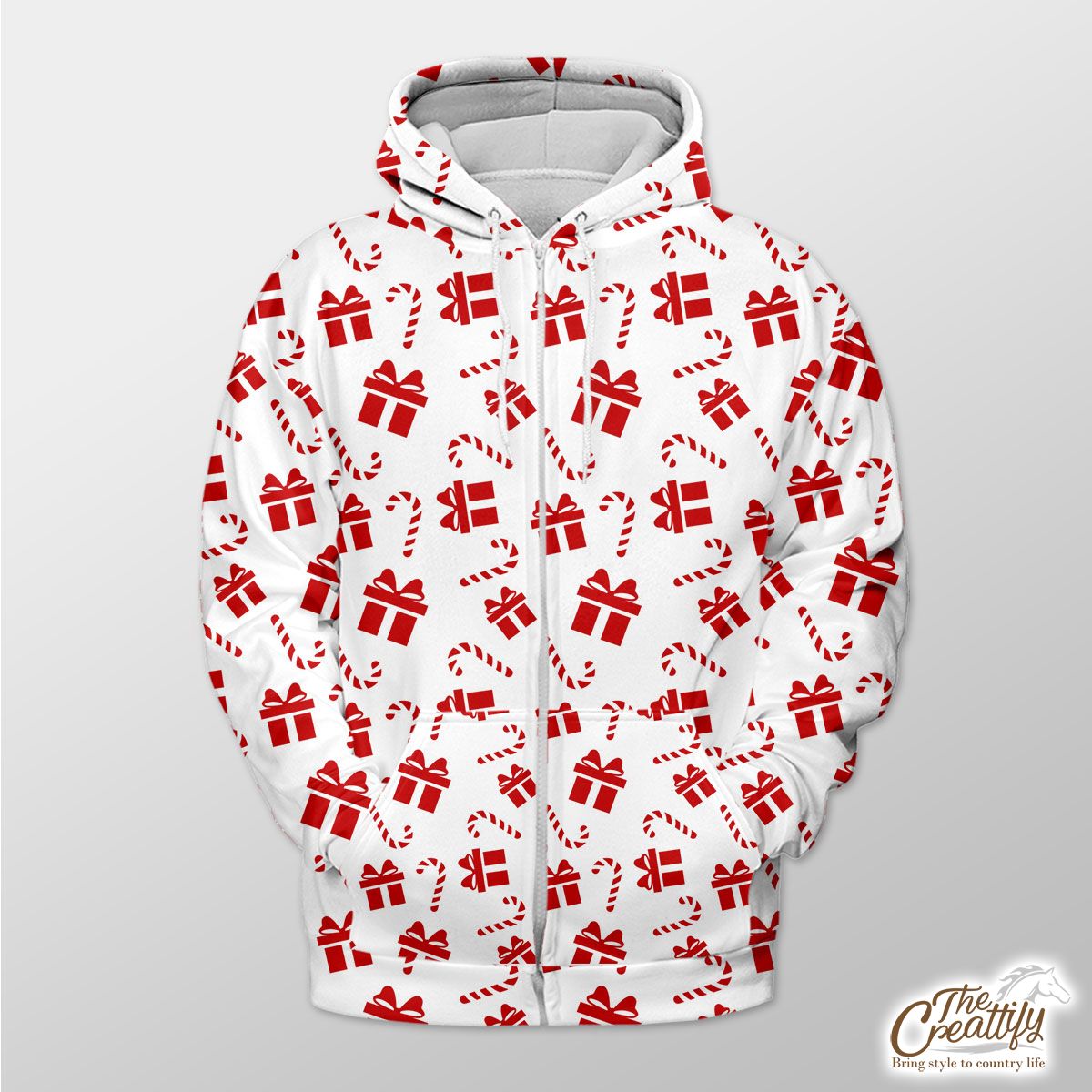 Christmas Gifts And Candy Canes Seamless White Pattern Zip Hoodie