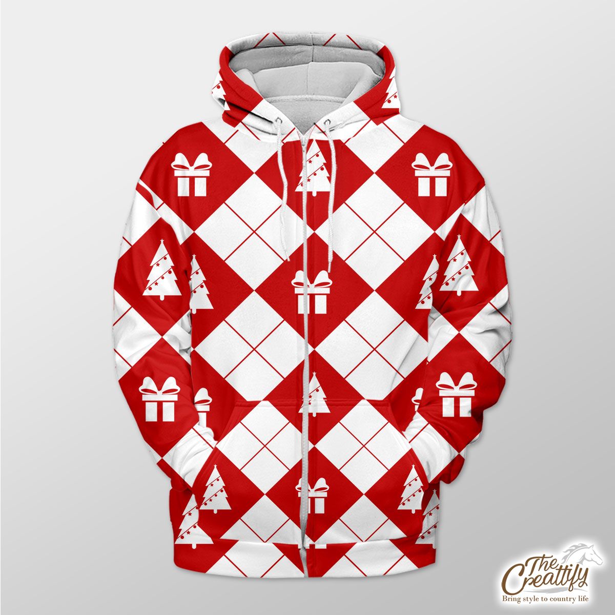Christmas Gifts And Pine Tree Decorated With Lights On Red And White Background Zip Hoodie