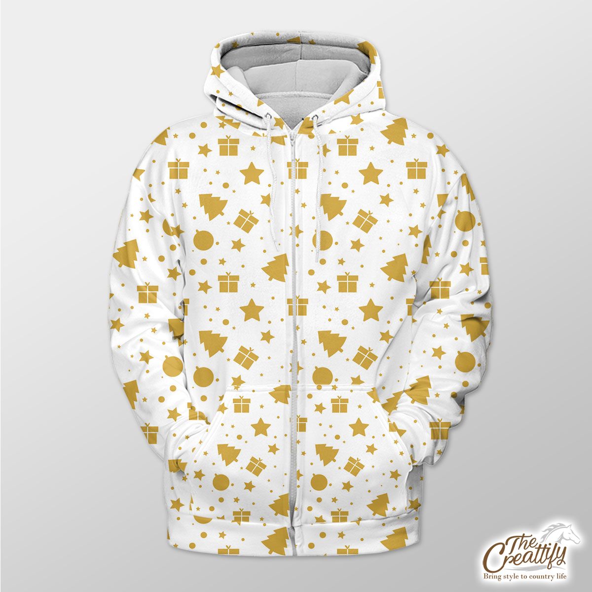 Christmas Gifts, Baudles And Pine Tree Silhouette Filled In Gold Color Pattern Zip Hoodie