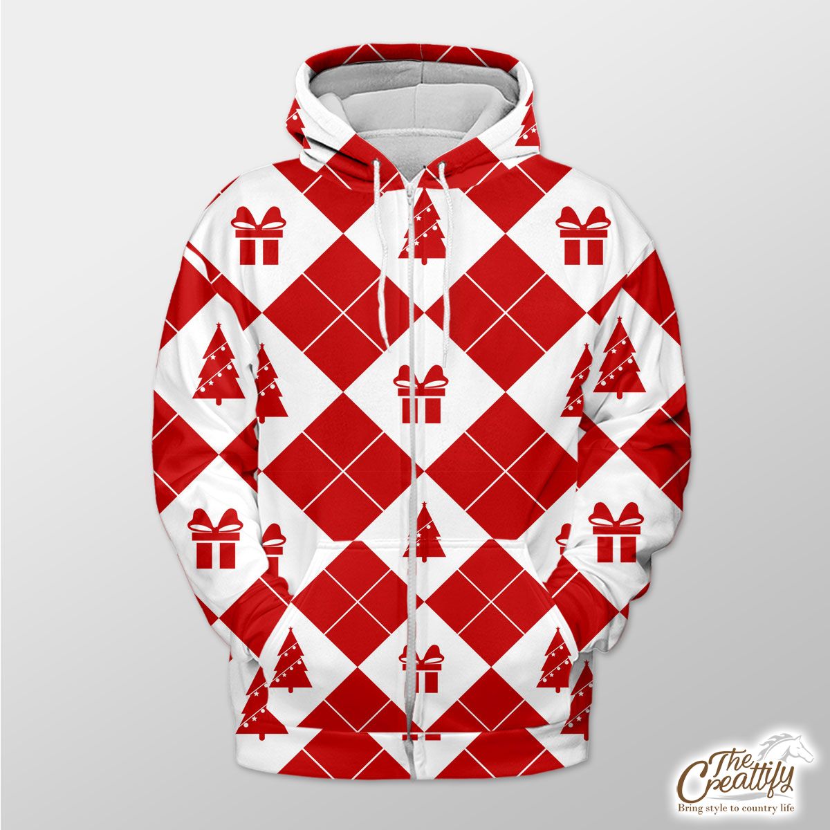 Christmas Gifts, Pine Tree Red And White Checkerboard Seamless Pattern Zip Hoodie