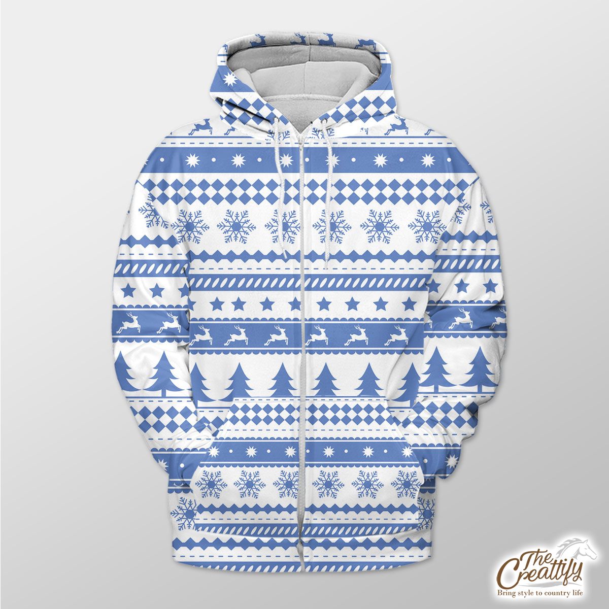 Christmas Pine Tree Silhouette, Reindeer And Snowflake Seamless Blue Pattern Zip Hoodie