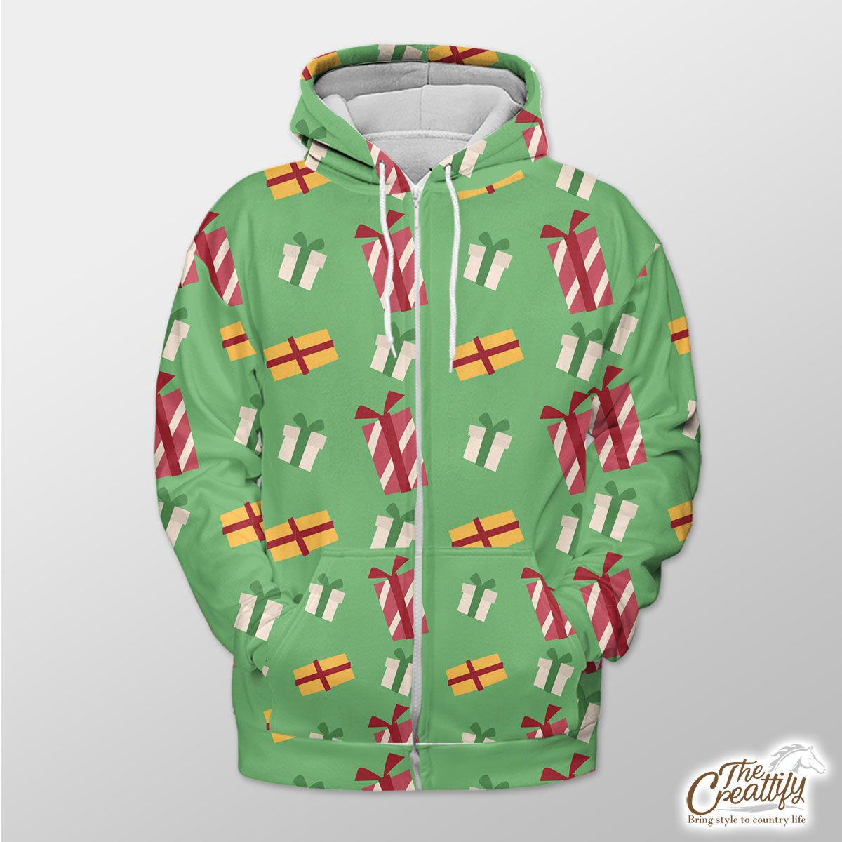 Colorful Christmas Gifts Seamless Green Pattern Zip Hoodie