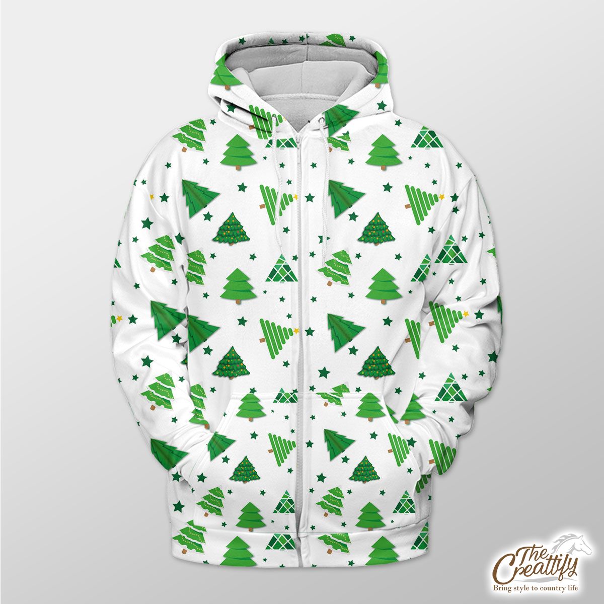 Green And White Pine Tree Seamless Pattern Zip Hoodie