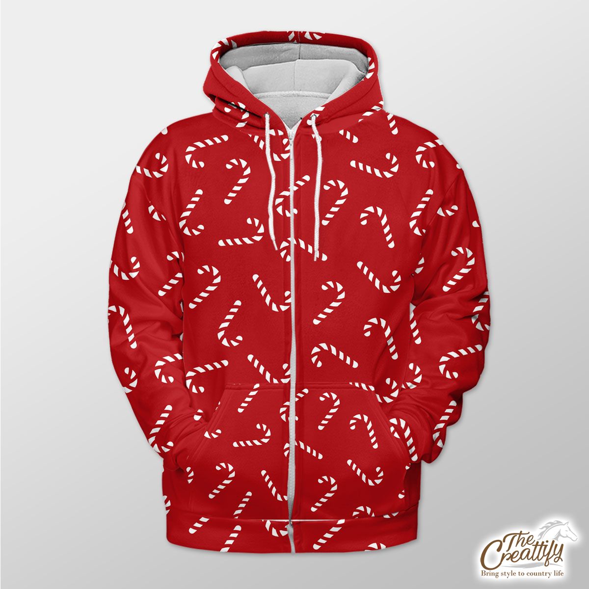 Happy Christmas With Candy Canes Seamless Red Pattern Zip Hoodie