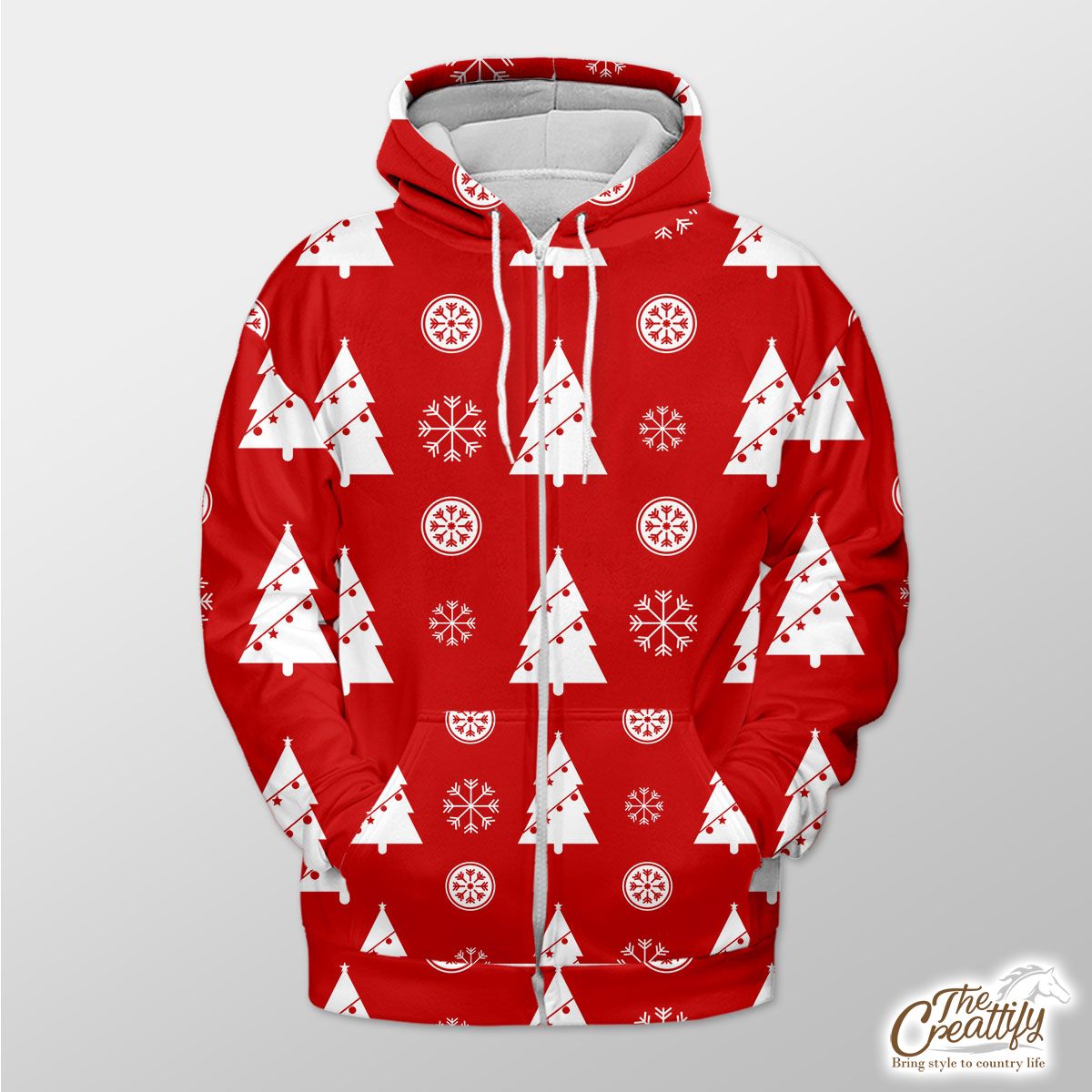 Pine Tree Decorated With Christmas Light And Snowflake Seamless Red Pattern Zip Hoodie